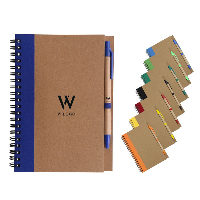 Kraft notebook with a blue band and ballpoint pen, accompanied by a variety of coloured spiral notebooks.