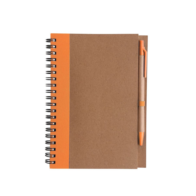A kraft notebook with an orange accent and a matching ballpoint pen attached, featuring a spiral binding.