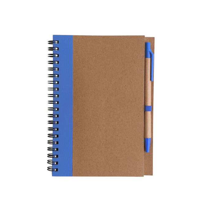 A brown Kraft notebook with a blue spiral binding and a matching blue ballpoint pen attached.