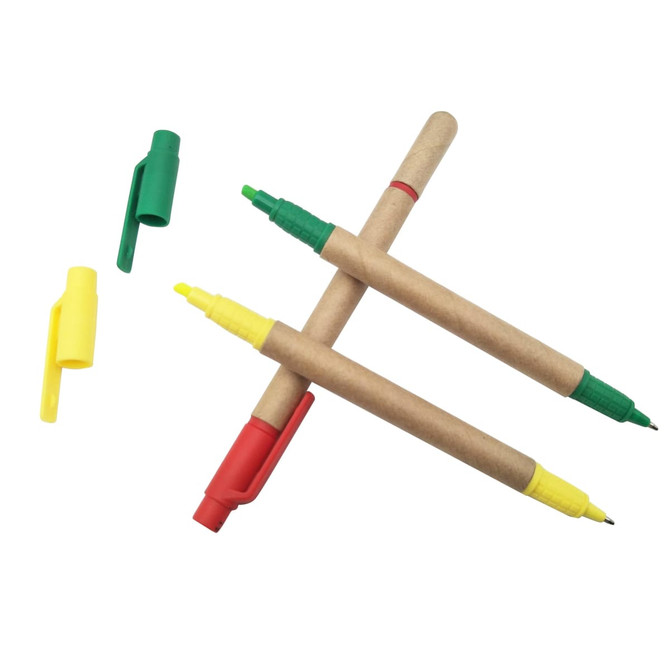 Paper Tube Highlighters in green, yellow, and red, with a natural cardboard casing, and some caps detached.