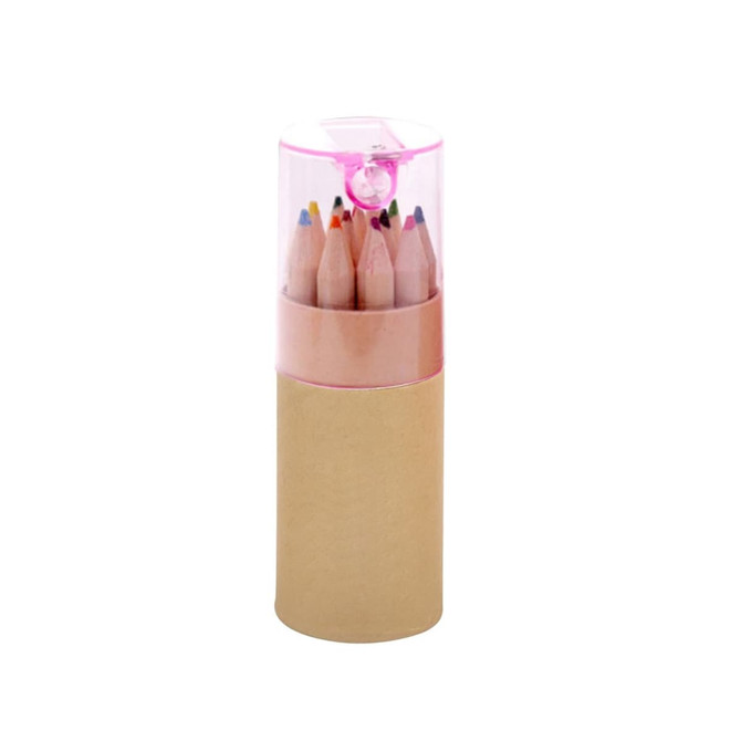 A set of coloured pencils in a clear cylindrical case, featuring various bright colours and a cardboard base.