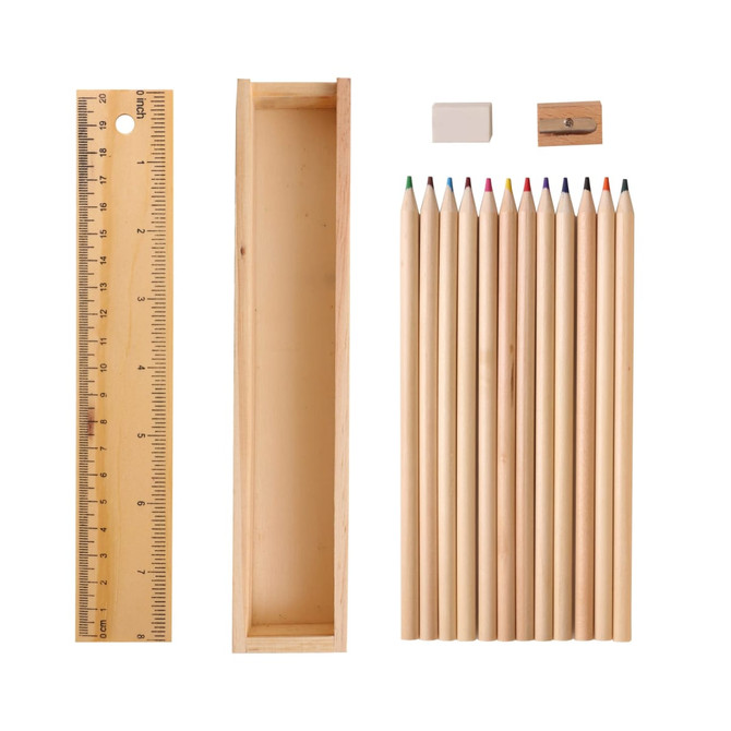 A wooden pencil set featuring 12 coloured pencils, a natural wood ruler, an eraser, and a sharpener in a box.