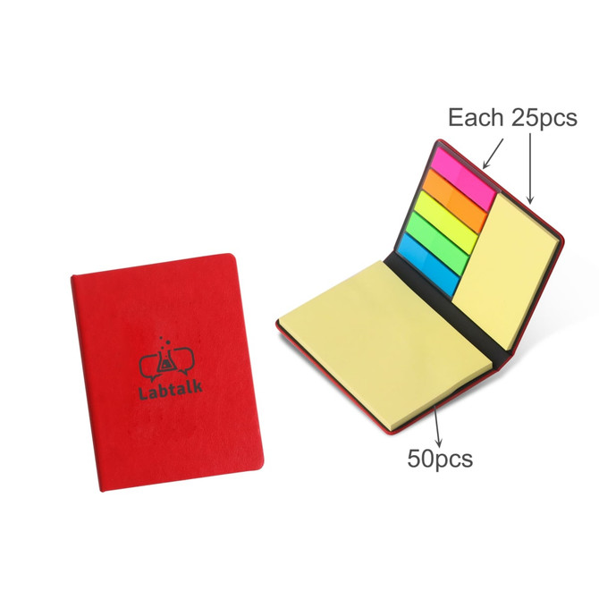 A red PU sticky notes memo holder featuring various coloured sticky notes inside, including yellow and pastel shades, with branding.