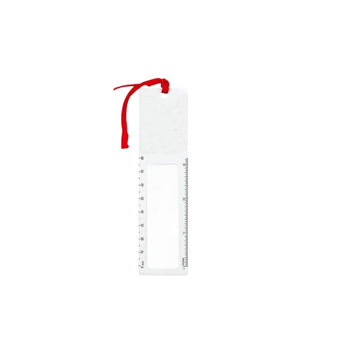 A transparent magnifying bookmark ruler with a red ribbon, featuring measurement markings.