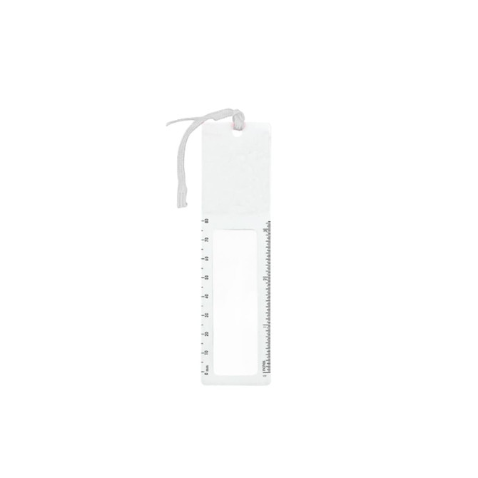 A transparent magnifying bookmark ruler in white with measurement markings and a cord for easy attachment.