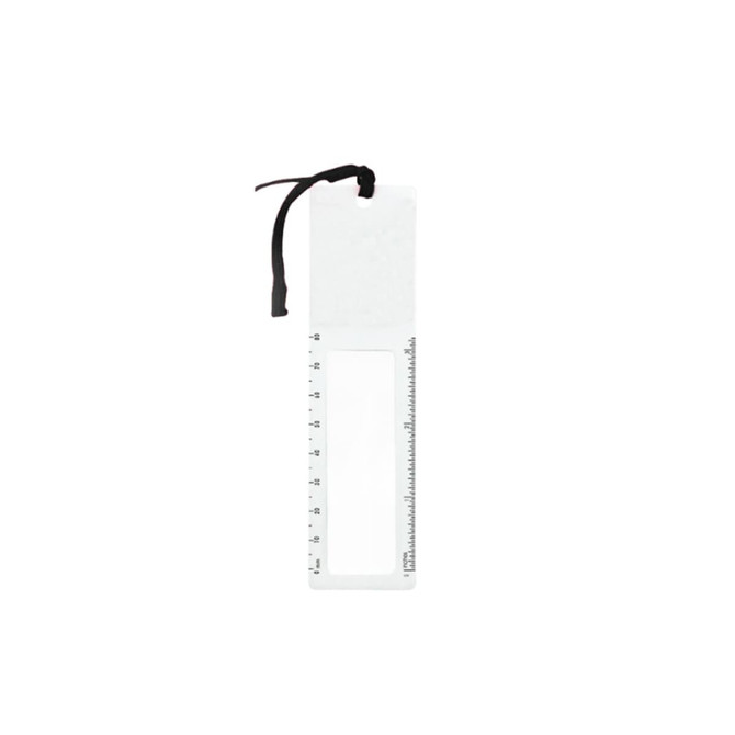 A magnifying bookmark ruler in white, featuring a clear magnifying section and black ribbon attachment.