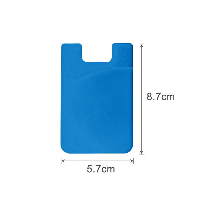 A blue Smart Wallet with dimensions of 8.7cm by 5.7cm, featuring a simple design and a branding logo.