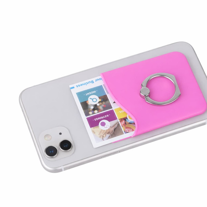 A pink smart wallet with a ring attachment, designed to be attached to a smartphone, featuring a card slot.
