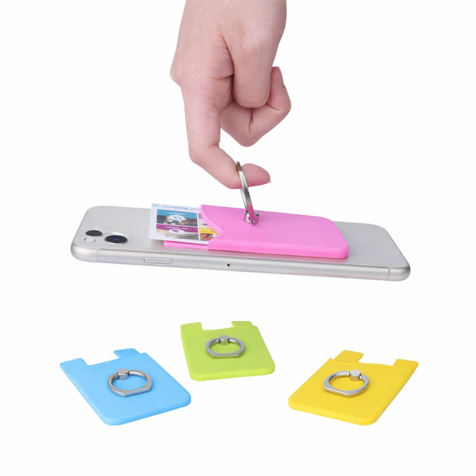 A pink smart wallet with a ring is attached to a phone, alongside yellow and green wallets. The phone is displaying a photo.