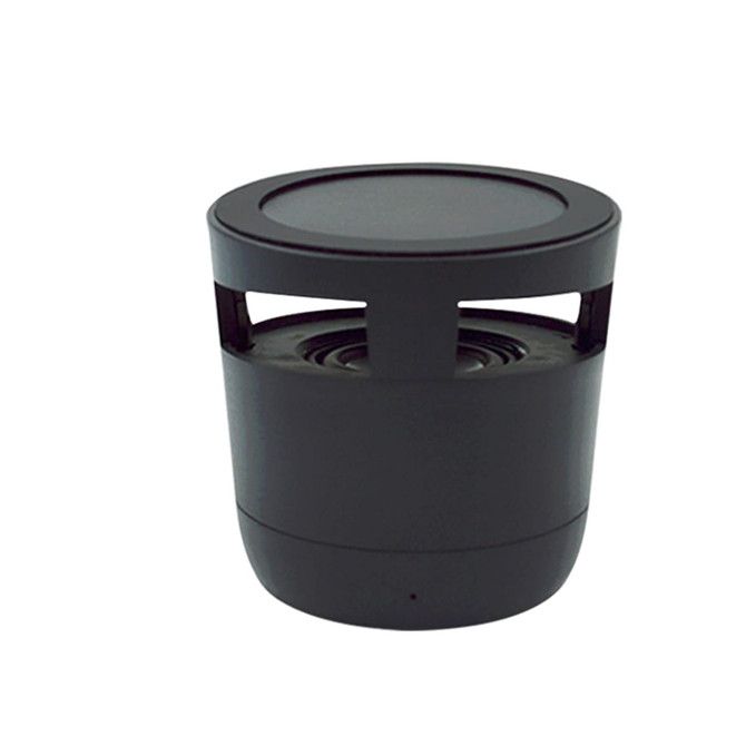 A black 2 in 1 Bluetooth speaker featuring a wireless charger, with a smooth circular top and open design.