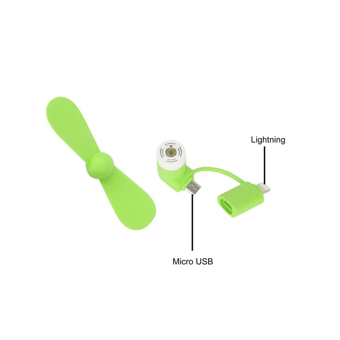 A green 2 in 1 smartphone fan with a Micro USB and Lightning connector, featuring a compact design for easy use.