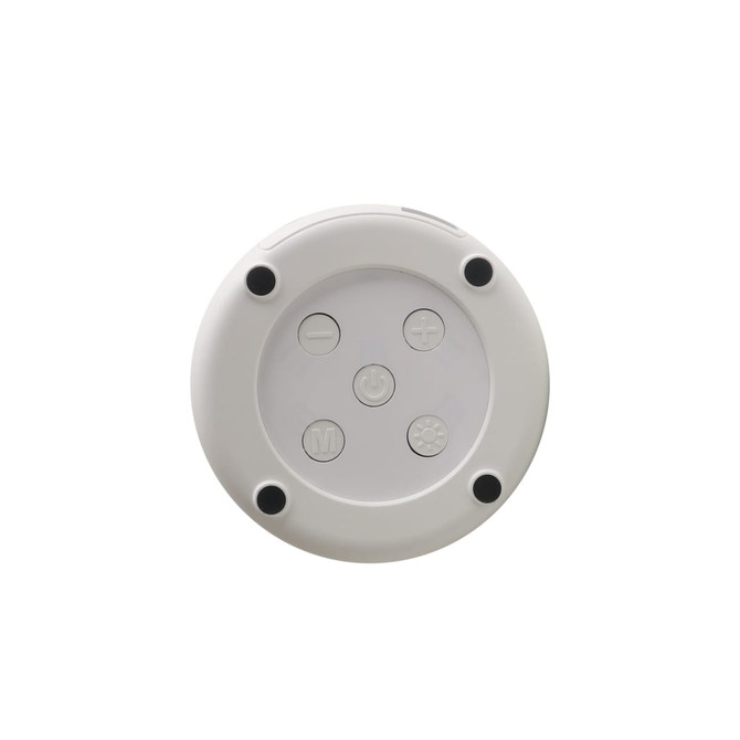 A portable Bluetooth speaker in white with control buttons on the top. Features a logo.