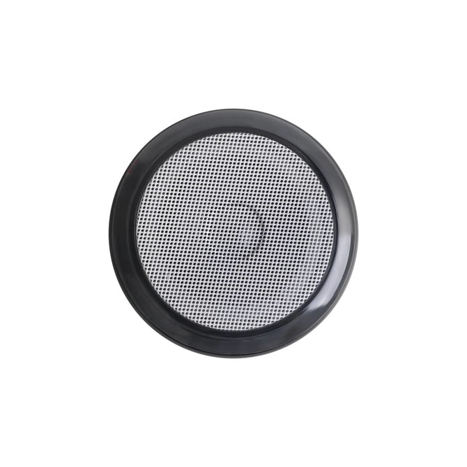 A black portable Bluetooth speaker with a round design and a mesh speaker grille. It features a logo.