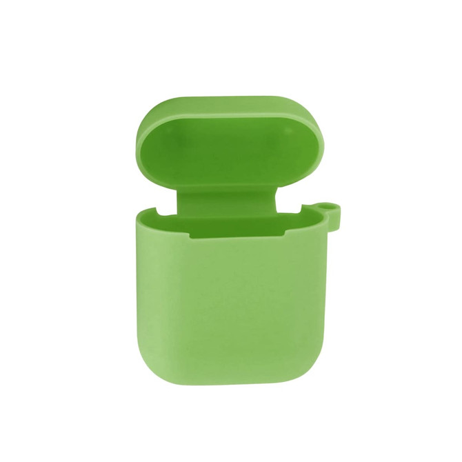 A green silicone protection case for AirPods, featuring a compact design with an open lid.