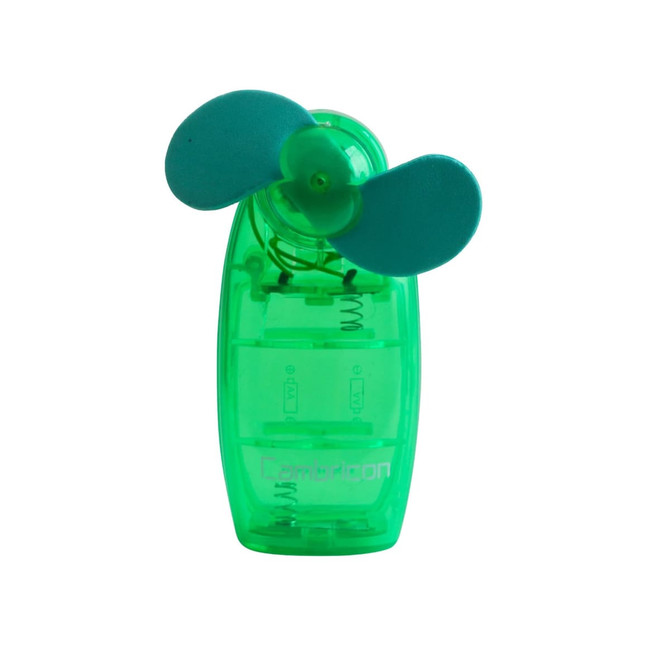 A transparent green handy fan with two blue blades and a visible inner mechanism. It features a logo on the casing.