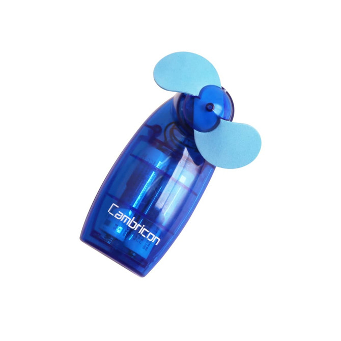 A transparent blue handheld fan with light blue blades and a logo on the casing.