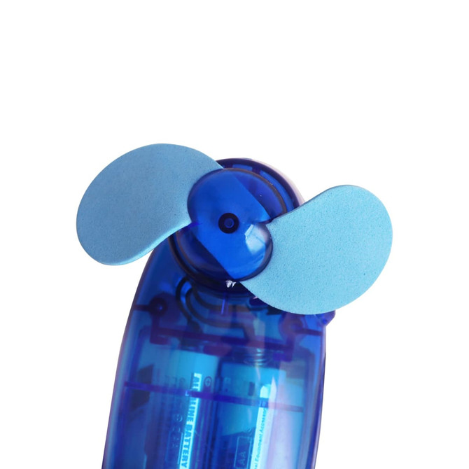 A transparent blue handy fan with two light blue blades and visible inner components. It features a logo.