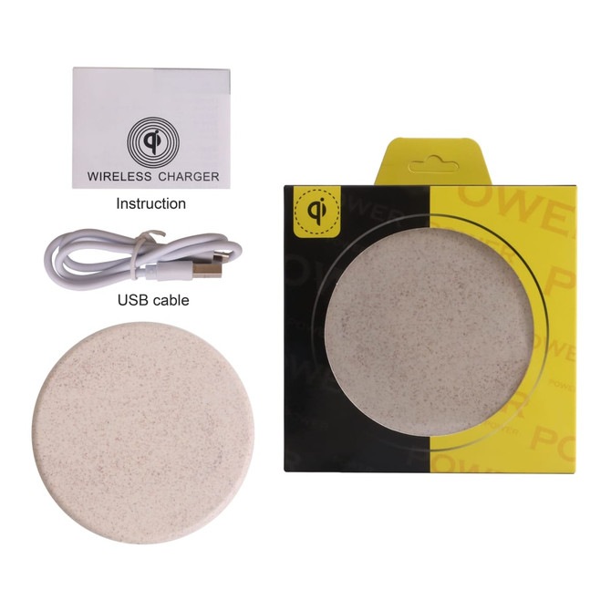 A wheat straw wireless charger in a circular shape, accompanied by a USB cable and instruction manual. The packaging features a logo.