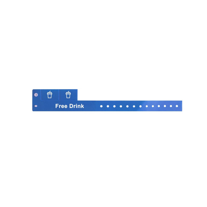 A blue disposable PVC wristband with tabbed design, featuring icons and space for text.