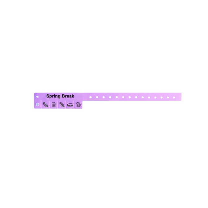 A purple tabbed disposable PVC wristband with round holes and a logo, suitable for events and exhibitions.