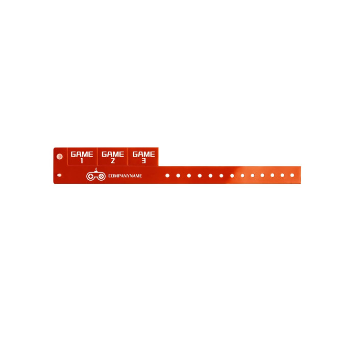 A red PVC wristband featuring three tabbed sections and a logo, designed for events and exhibitions.
