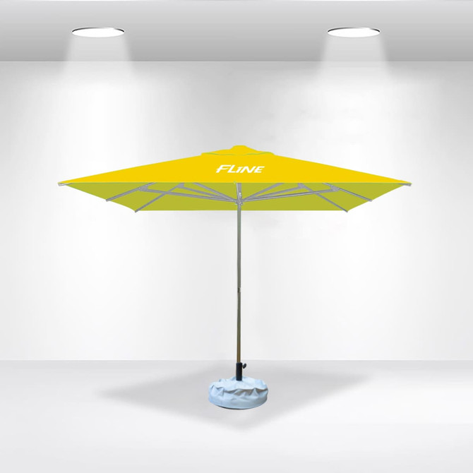 A yellow 2x2m square market umbrella with a central pole and a weighted base, featuring a logo.