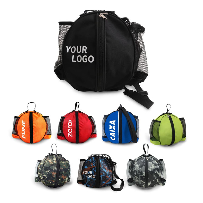 A round backpack with mesh side pockets, available in black, orange, red, blue, green, and camo designs.