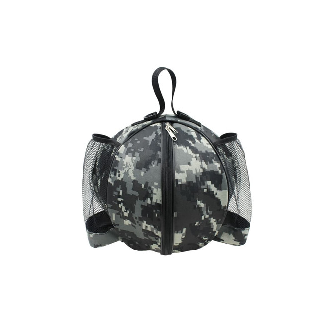 A round grey camouflage backpack with mesh side pockets and a top handle, featuring a zip closure.