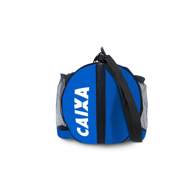 A round, blue backpack with a zipper and mesh pockets, featuring a logo on the front.