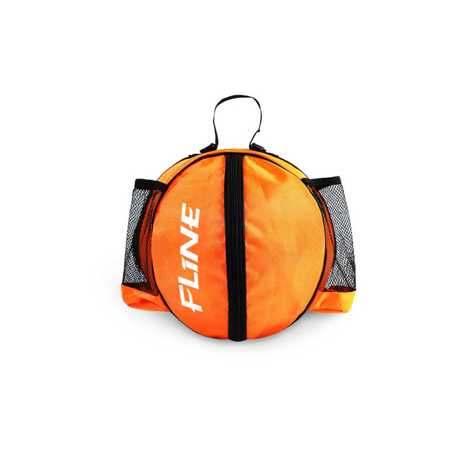 A round orange backpack with black mesh pockets and a logo, designed for carrying a ball.
