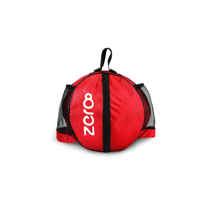 A red ball backpack with mesh side pockets and a zippered main compartment, featuring a logo.