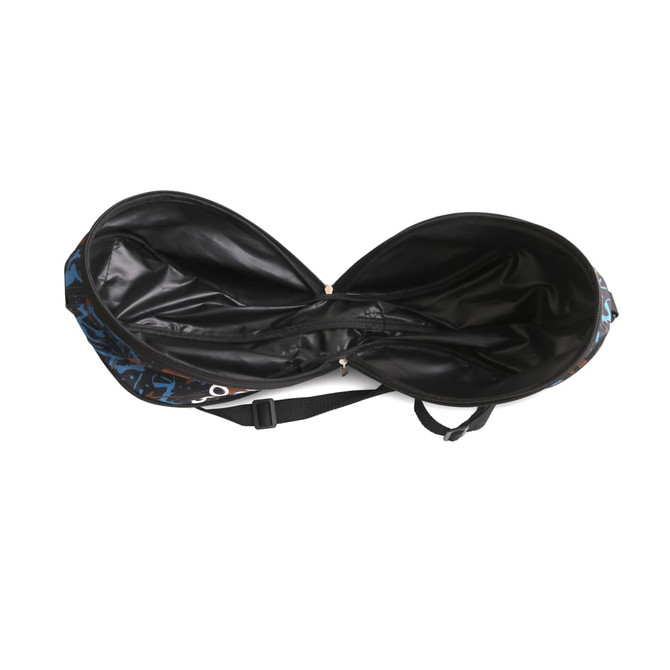 A black and blue Ball Backpack with an open interior, featuring a structured design and adjustable strap.