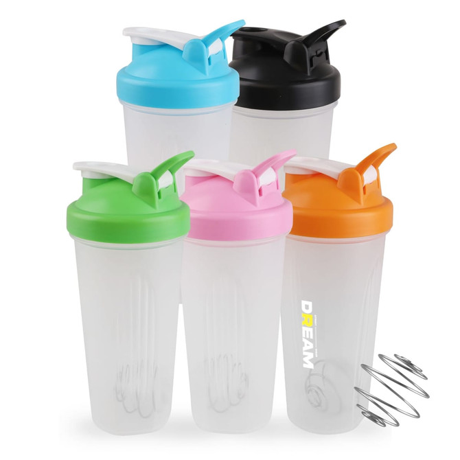 A drink bottle set featuring five BPA-free fitness shaker bottles in blue, black, green, pink, and orange with a metal whisk.