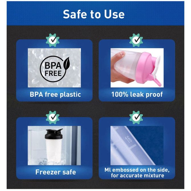 A drink bottle featuring a pink lid, made from BPA-free plastic, with a logo and measurements on the side.