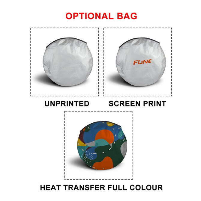 A circular car sunshade displayed in three versions: unprinted, screen print, and full-colour heat transfer design.