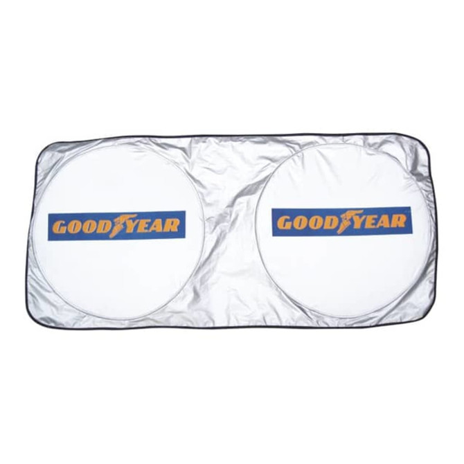 A foldable car shade featuring two circular panels in white with a logo design. The edges are silver.