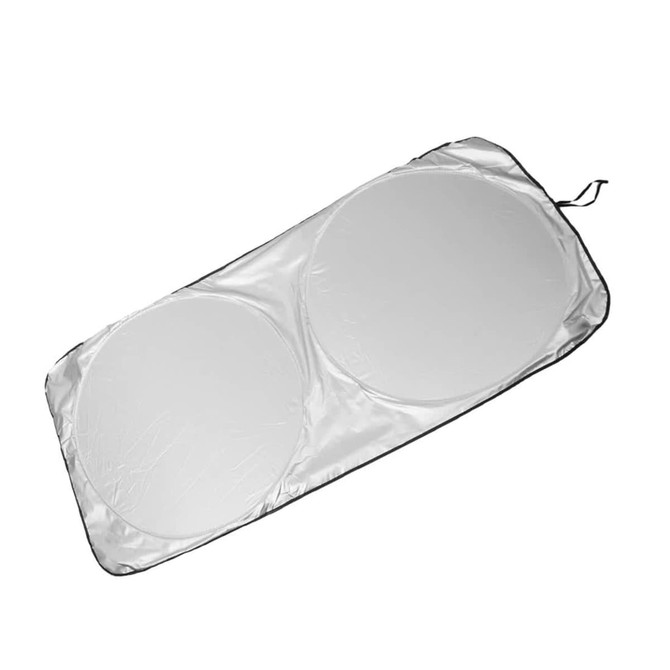 A foldable car shade in silver with a black trim, featuring two circular panels. It includes a storage pouch.