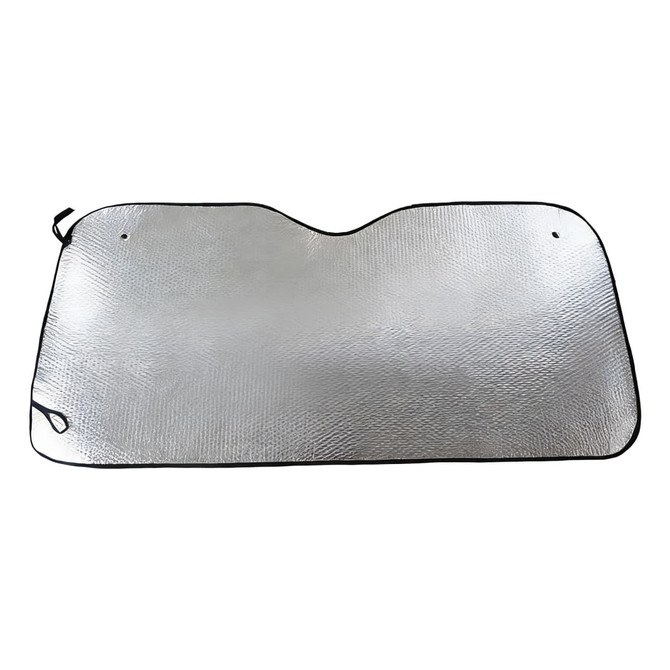 A silver bubble aluminium car sunshade featuring a black trim and holes for secure fitting.