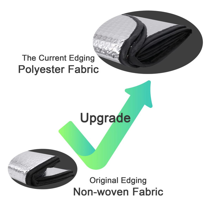 A bubble aluminium car sunshade with polyester fabric edging, featuring a sleek silver design and logo.