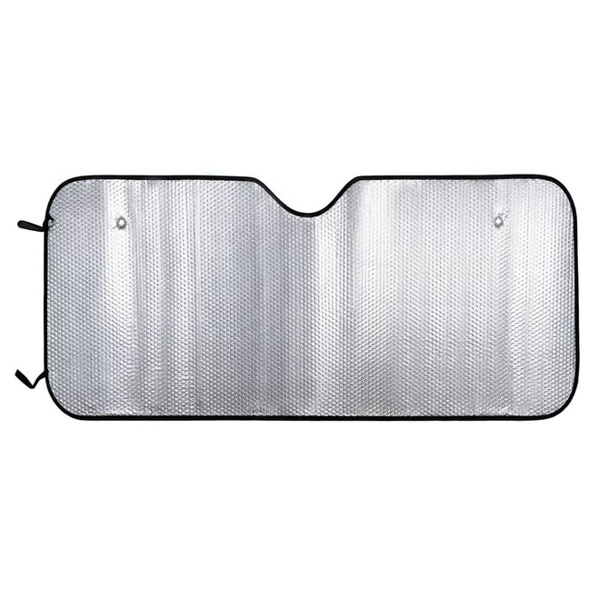A silver bubble aluminium car sunshade with a black trim, featuring eyelets for secure attachment.