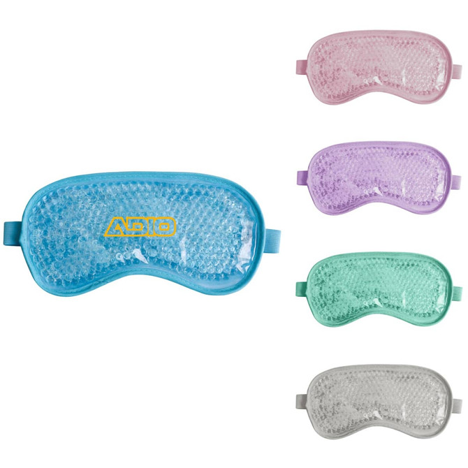 A gel cold/hot eye mask in turquoise, lavender, green, and clear, featuring a logo on the turquoise version.