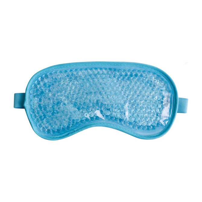 A gel eye mask in light blue, featuring a textured surface and an adjustable strap, with a logo visible.