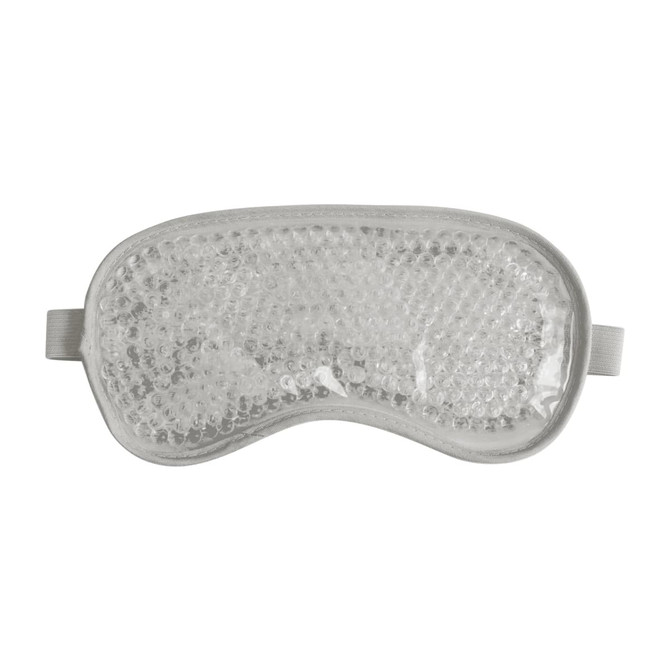 A grey gel cold/hot eye mask featuring a textured surface with a transparent front and elastic straps on the sides.