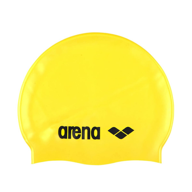 A yellow swimming cap with a logo featuring black branding.