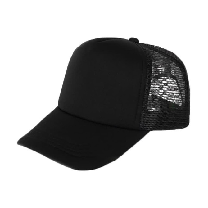 A black trucker cap featuring a solid front and mesh back, with an adjustable strap.