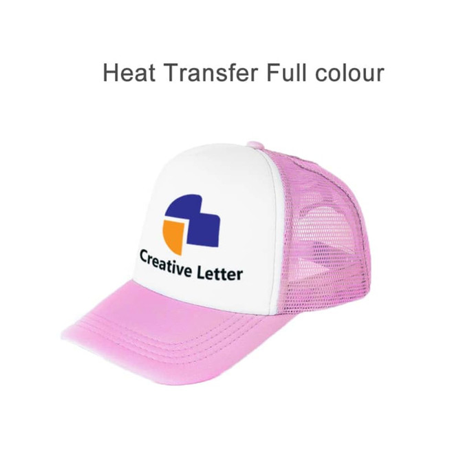 A pink trucker cap with a white front panel and a mesh back, featuring a logo on the front.