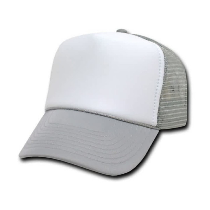 A grey and white cap with a hollow out back and a logo on the front.