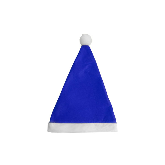 A blue Santa hat with a white pom-pom and white brim. It features a logo on the inside.