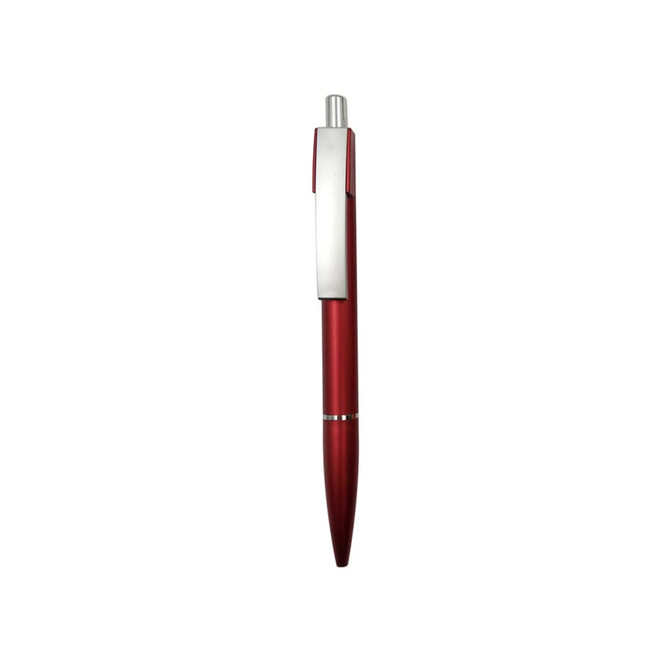 A red ballpoint pen with a silver clip, featuring a sleek design and a glossy finish.