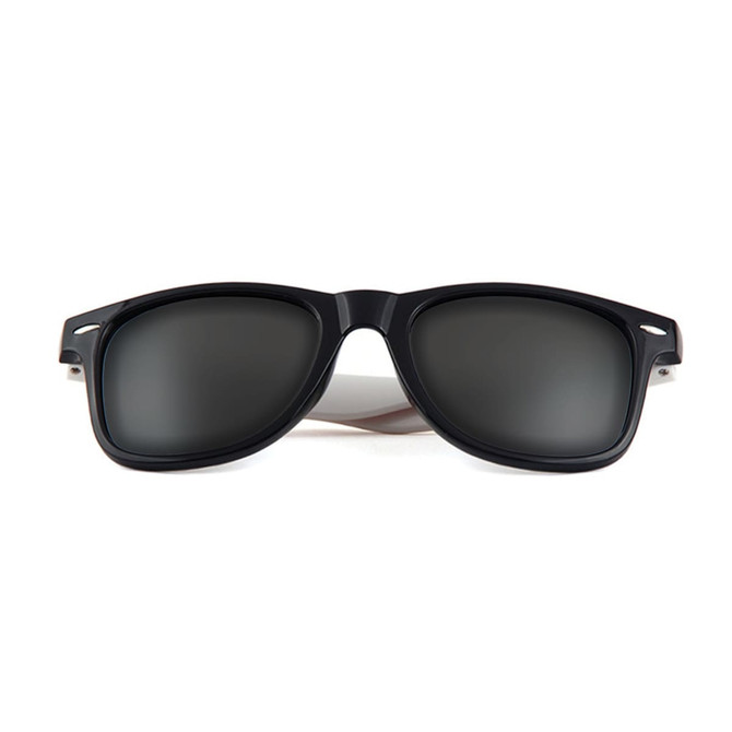 Stylish sunglasses in black with dark lenses, featuring a sleek design and a logo on the frame.